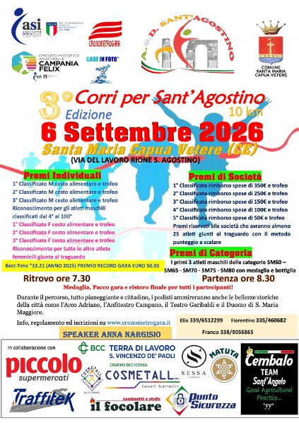 “Corri per Sant’Agostino”, la terza edizione in programma il 6 settembre